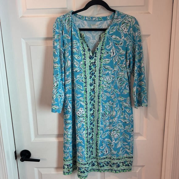 Lilly Pulitzer Dresses & Skirts - Lilly Pulitzer Nadine Shirtdress Women Sz L Blue Green Floral Animal Split Neck